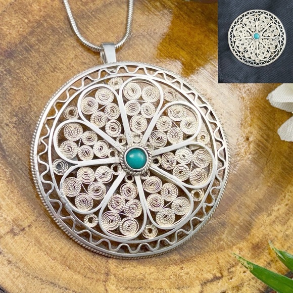 Estate Jewelry - Vintage Israel Brooch Pendant 935 Sterling Silver Turquoise Flower Filigree